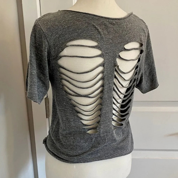 Project Social T Gray Skeleton Open Back Short Sleeve T-Shirt - Picture 6 of 8